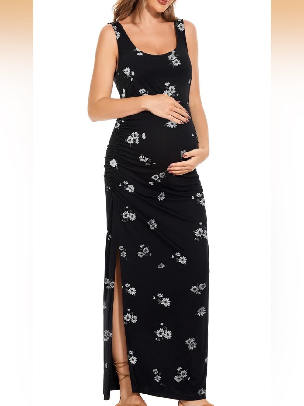 NWT Smallshow Ruched Black Floral Maternity Maxi Tank Dress
